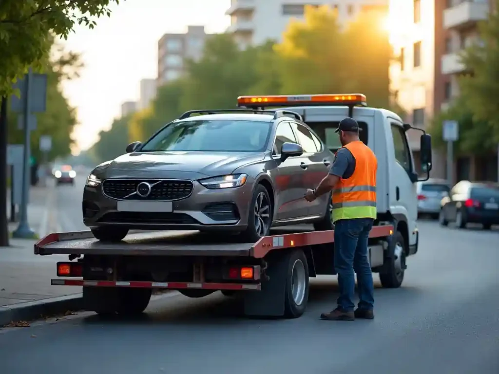 Daytime roadside: modern flatbed tow truck loading broken-down sedan, operator in high-visibility vest using professional equipment, clean urban background