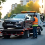 Daytime roadside: modern flatbed tow truck loading broken-down sedan, operator in high-visibility vest using professional equipment, clean urban background