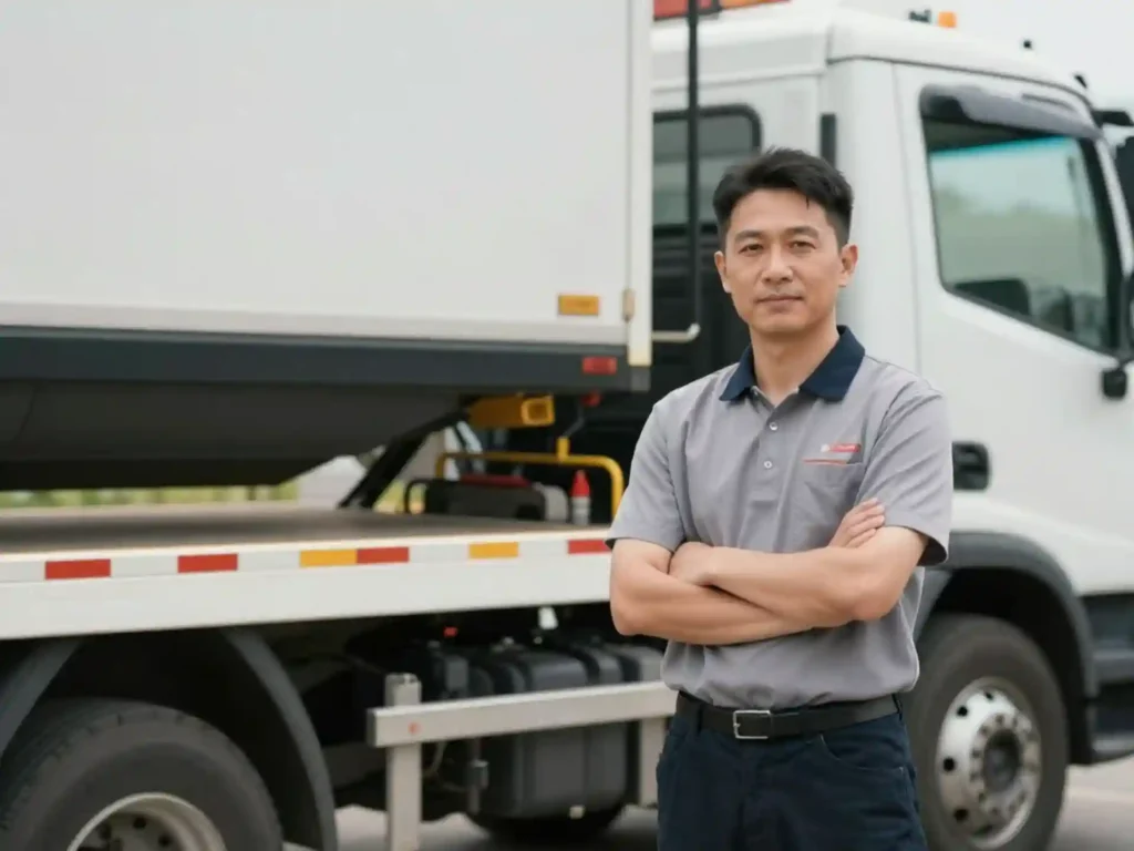 Clean professional tow truck and operator standing confidently beside a safely secured vehicle, neutral background, soft lighting, trustworthy atmosphere