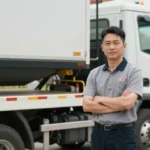 Clean professional tow truck and operator standing confidently beside a safely secured vehicle, neutral background, soft lighting, trustworthy atmosphere